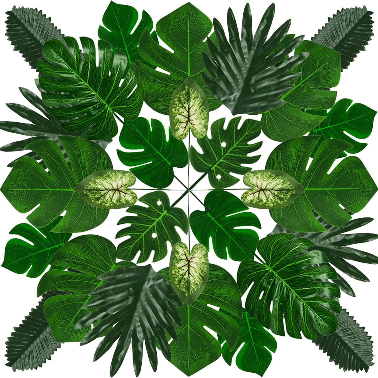 50 Pieces 7 Kinds Tropical Party Decorations Jungle Monstera Leaves Safari Leaves, Artificial Palm Leaves with Faux Stem for Hawaiian Luau Party Jungle Beach Table Leave Decorations